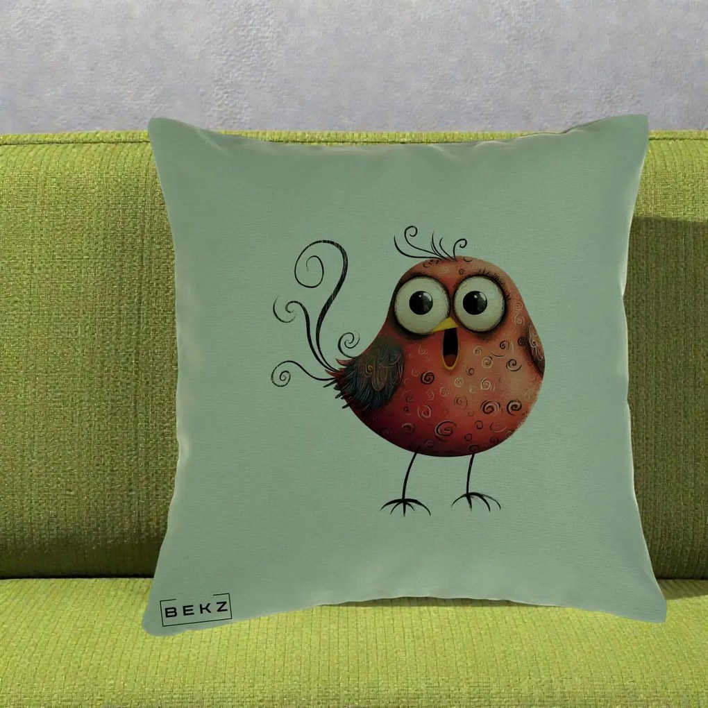 Perna Decorativa Pasare Rosie Exuberanta cu Spirale, 40x40 cm, Verde, Husa Detasabila, Perna Inclusa, BEKZ®