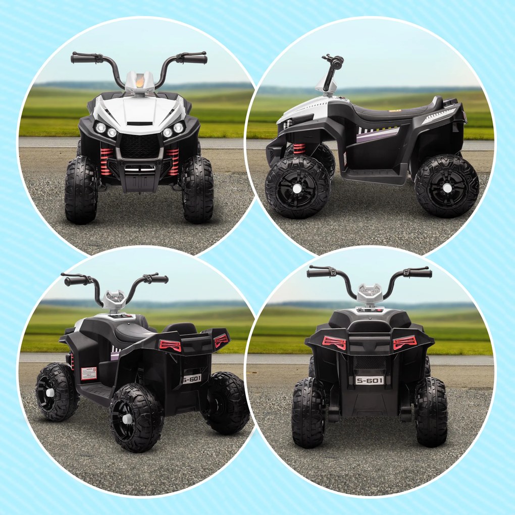 AIYAPLAY ATV Electric pentru Copii 12V cu 2 Motoare, Suspensii, Faruri LED, MP3, 37-60 Luni, Interior Exterior, Alb | Aosom Romania