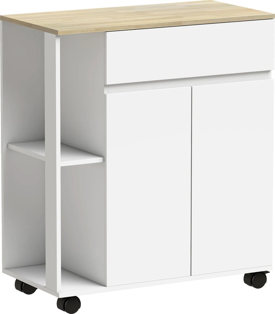 HOMCOM Cărucior Bucătărie, Insulă Bucătărie cu Sertar, Dulap, 2 Rafturi Laterale și Rafturi Reglabile, Cărucior Multifuncțional din Lemn, 78x39,5x88,5 cm, Alb și Stejar | Aosom Romania