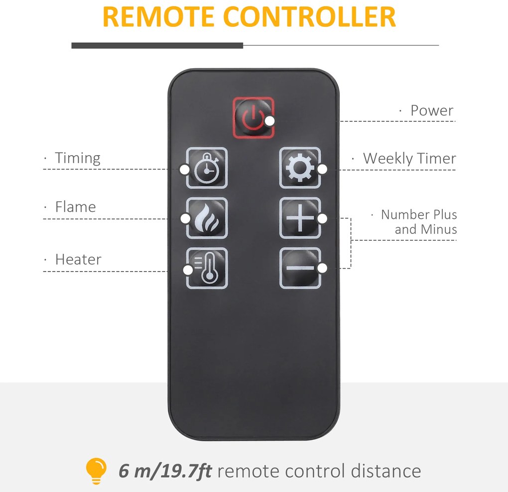 HOMCOM Șemineu Electric 1800W cu Efect de Flacără Reglabilă, Telecomandă și Timer | Aosom Romania
