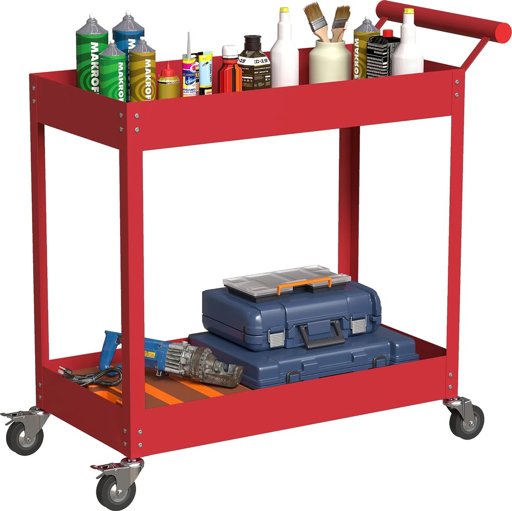 DURHAND Cărucior de atelier servantă atelier cu 2 niveluri, mâner lateral și roți blocabile, 84,5x38x84cm, roșu | Aosom Romania