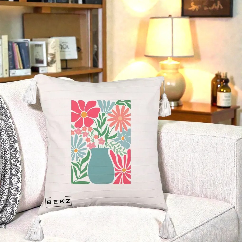 Perna Decorativa Flori in Vaza Turcoaz, 40x40 cm, Bej cu Franjuri, Husa Detasabila, Perna Inclusa, BEKZ®