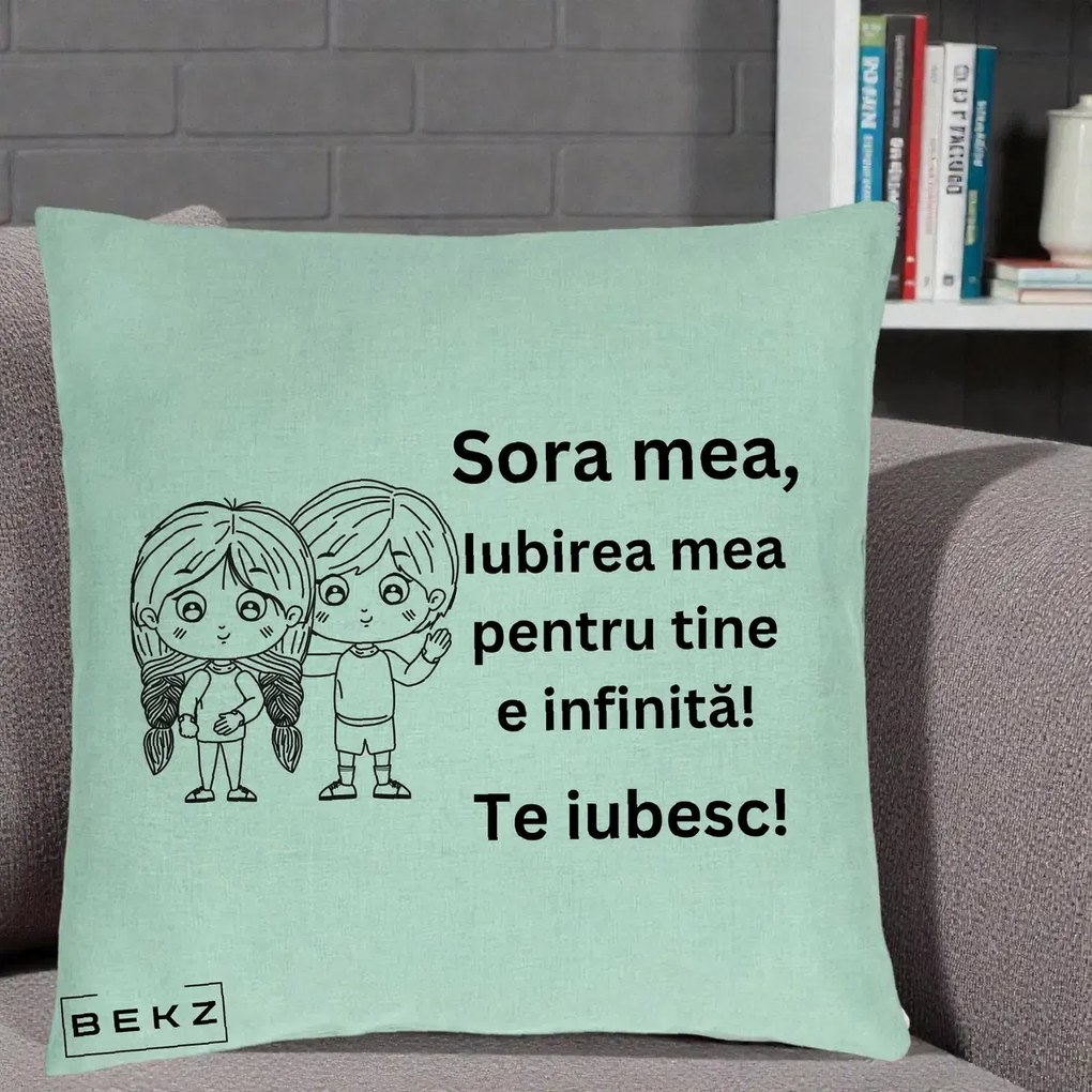 Cadou pentru Sora - Perna Personalizata Sora Mea Te Iubesc Copii Anime Line Art, 40x40 cm, Verde Menta, Husa Detasabila, Perna Inclusa, BEKZ®
