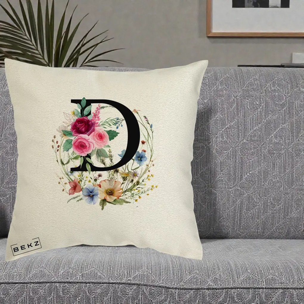 Cadou Personalizat - Perna Personalizata Monogram Litera D cu Flori Acuarela, 40x40 cm, Ecru, Husa Detasabila, Perna Inclusa, BEKZ®