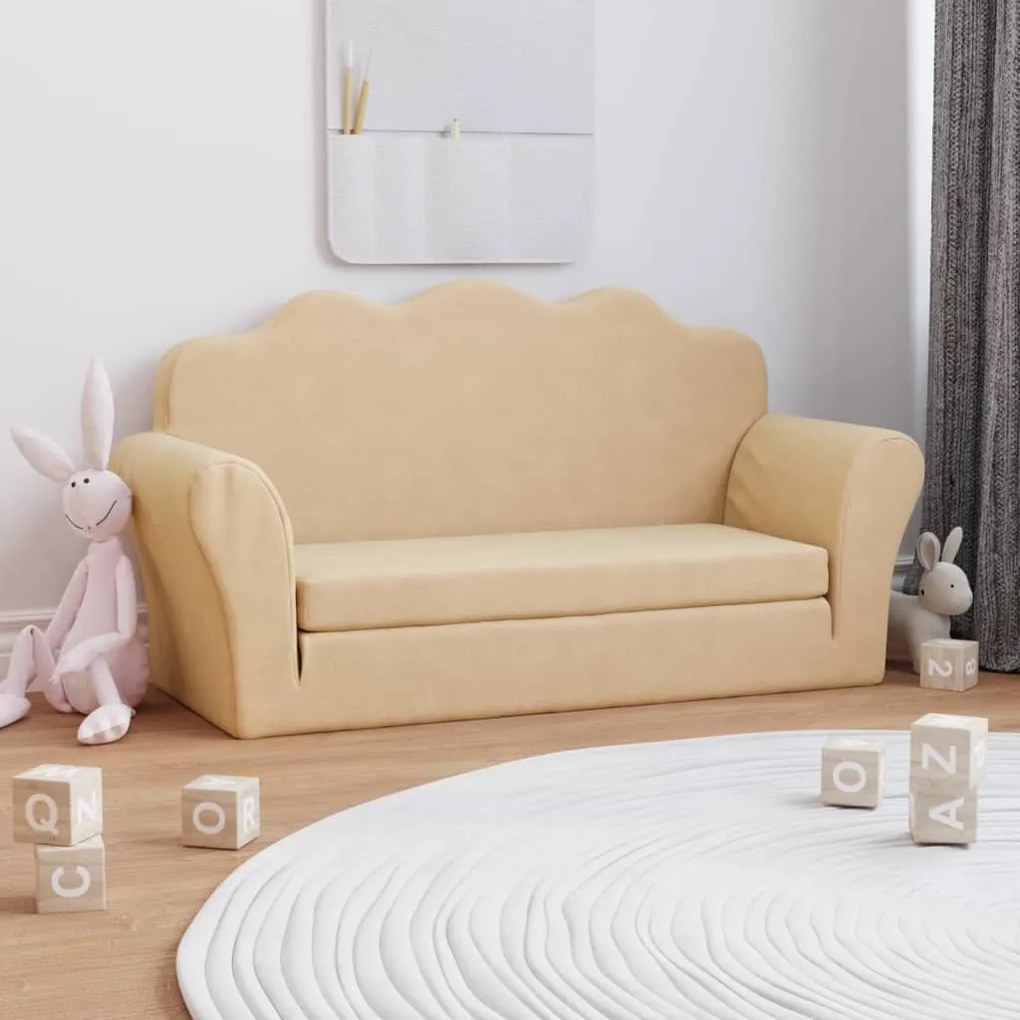 341878 vidaXL Canapea extensibilă de copii cu 2 locuri, crem, pluș moale