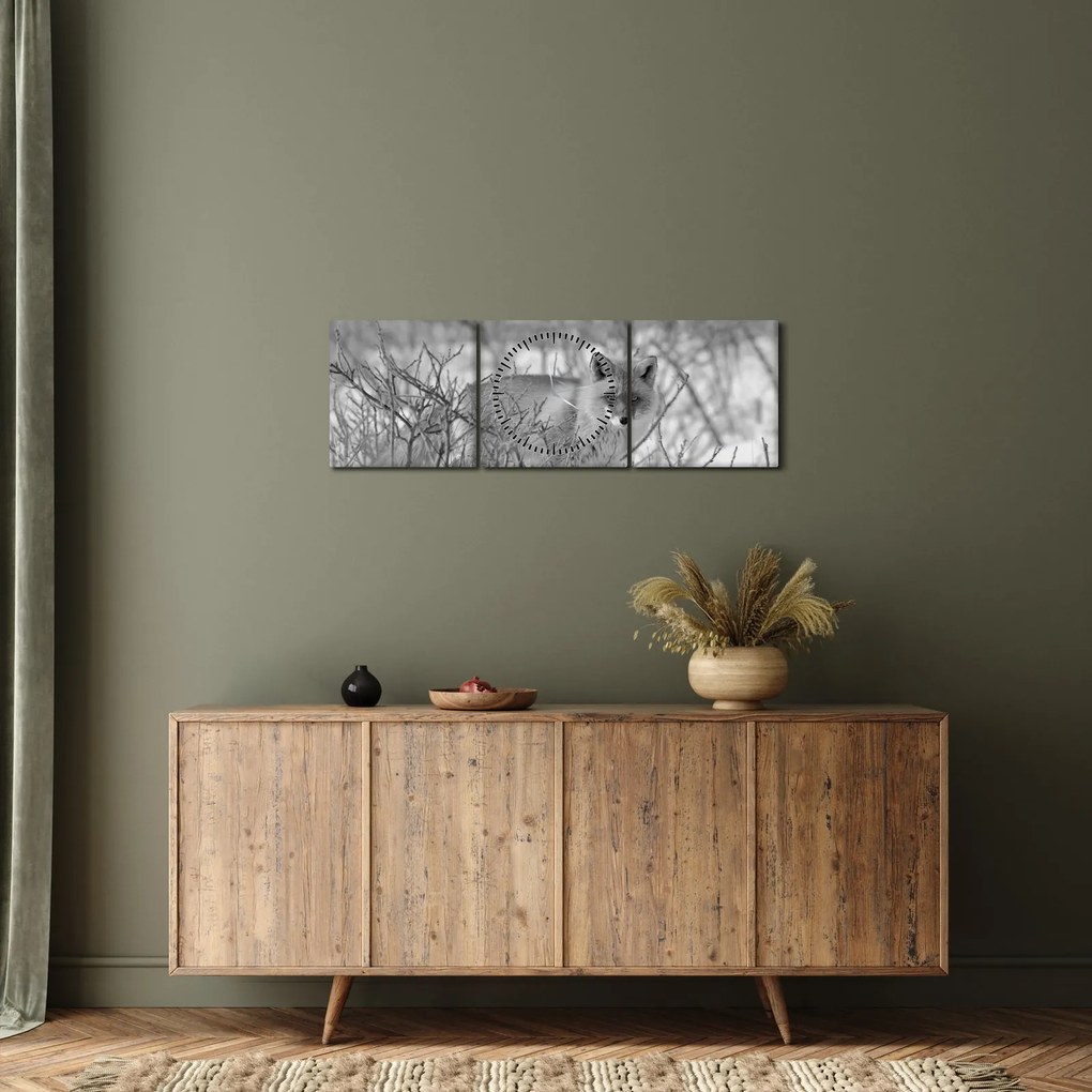 Tablou - Vulpe,alb-negru (cu ceas) (90x30 cm)