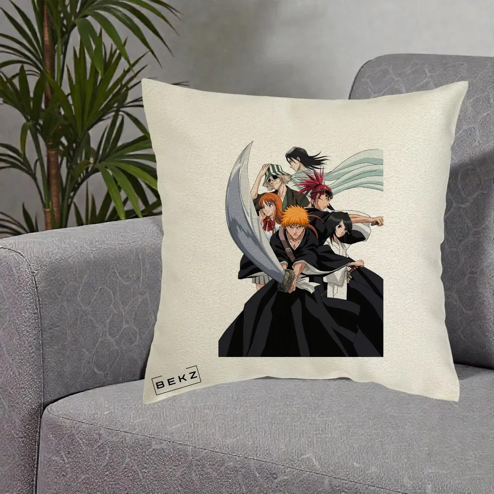 Perna Personalizata Bleach Grup Complet Ichigo si Prietenii, 40x40 cm, Ecru, Husa Detasabila, Perna Inclusa, BEKZ®