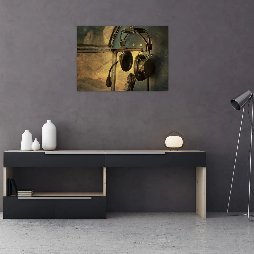 Tablou pe sticlă - Căști de avion de epocă (70x50 cm)