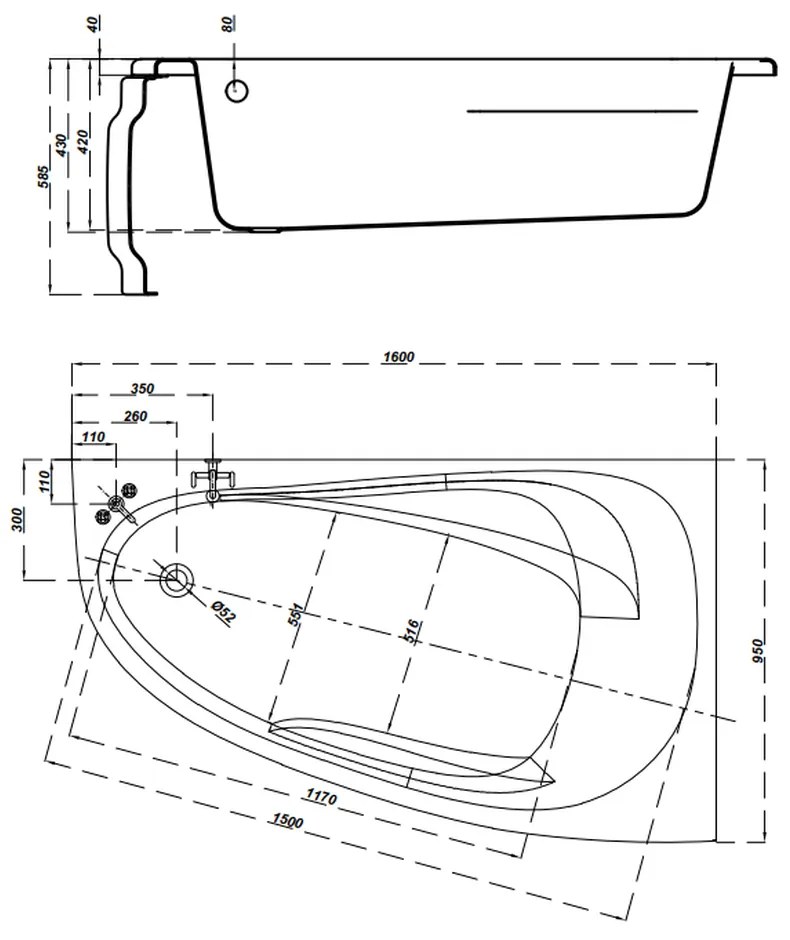 Cada baie pe colt Cersanit Joanna New, 160 x 95 cm, asimetrica, orientare dreapta, alba 1600x950 mm, Dreapta
