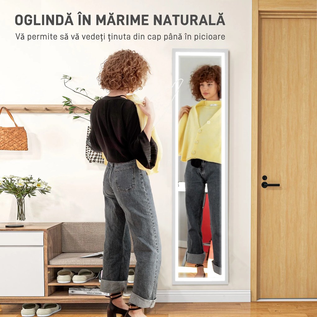 HOMCOM Oglindă Iluminată cu Lumini LED Reglabile și Buton Tactil, din Sticlă și MDF, 40x5x160 cm, Alb | Aosom Romania