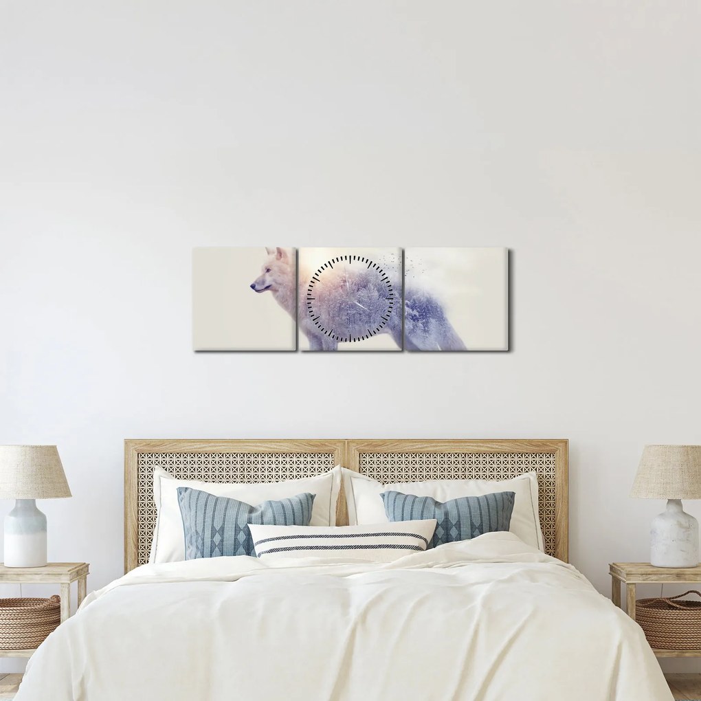 Tablou - Lupul arctic oglindit în peisaj sălbatic (cu ceas) (90x30 cm)