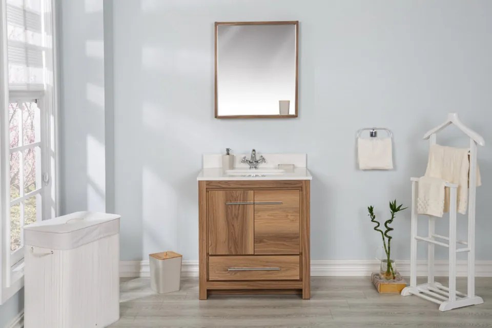 Set Mobilier Baie Superior 30, Include Dulap Baza cu Lavoar și Oglinda, 75 cm, Nuc