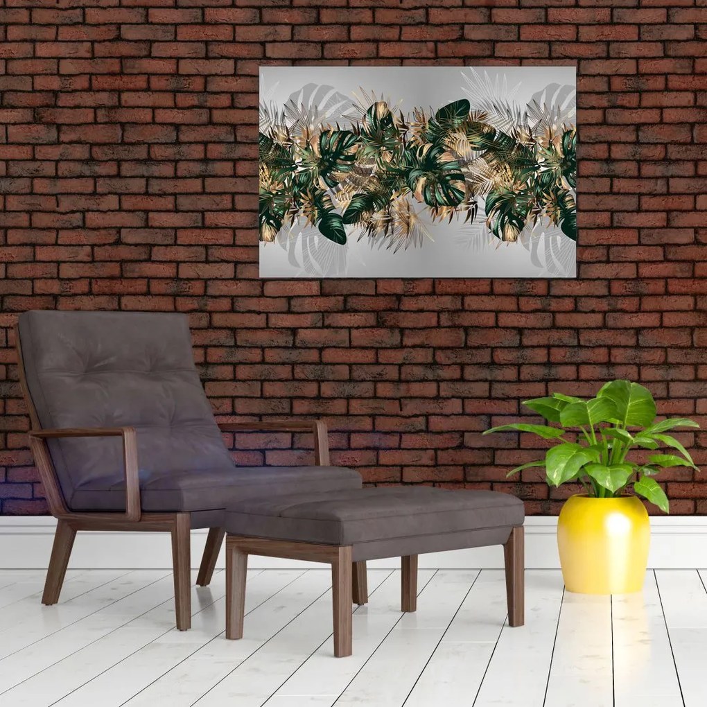 Tablou - Frunze tropicale, Galben - auriu (90x60 cm)