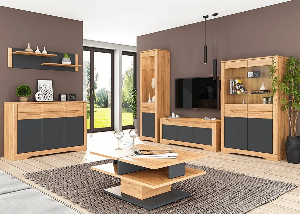 Vitrina C, stejar craft auriu   grafit gri, FIDEL