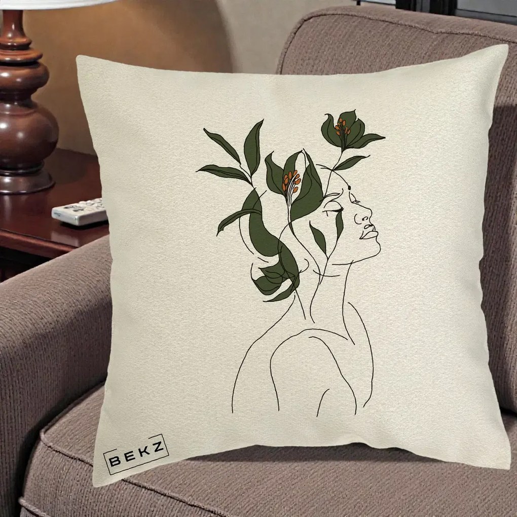 Perna Decorativa Portret Feminin Crin Verde, 40x40 cm, Ecru, Husa Detasabila, Perna Inclusa, BEKZ®