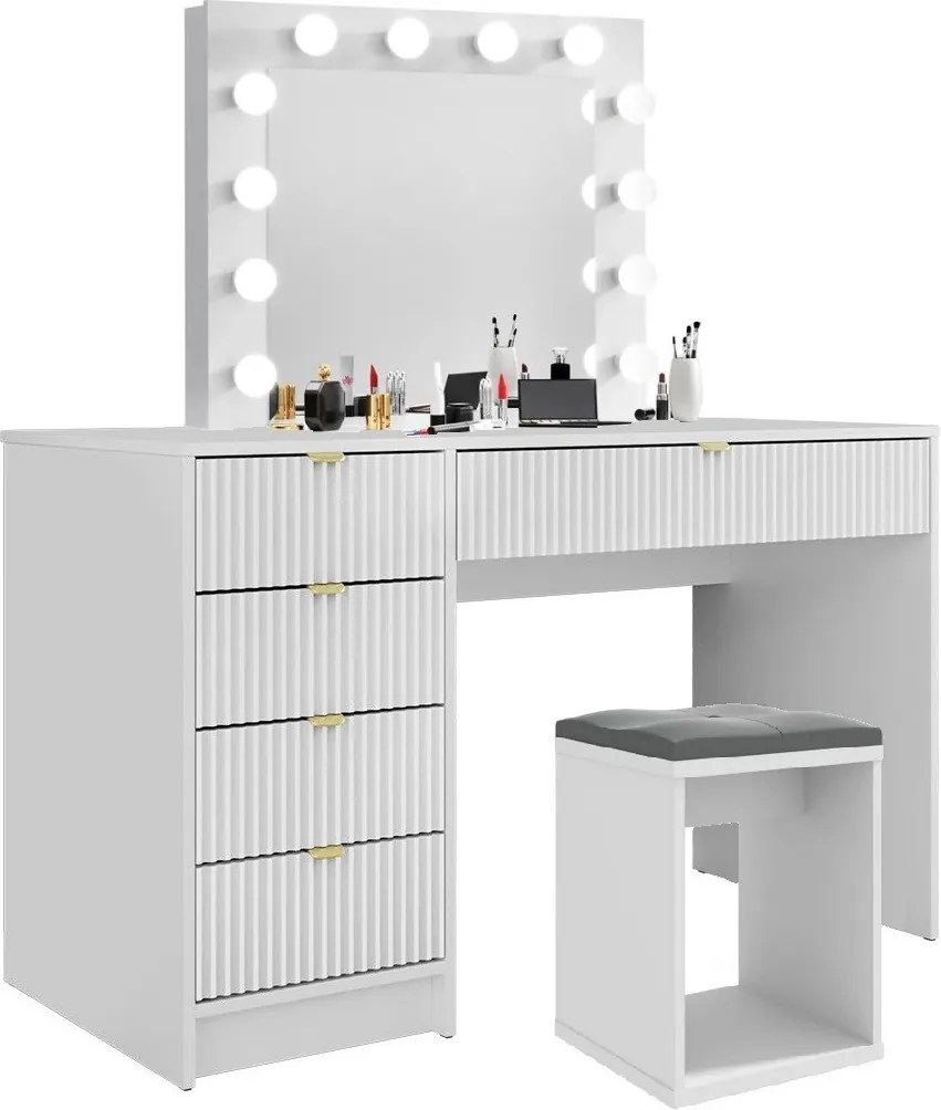 SEA93 - Set Masa Alba toaleta cu riflaj, 120 cm, cosmetica, masuta machiaj, oglinda cu LED cu sau fara Priza, cu sau fara scaun