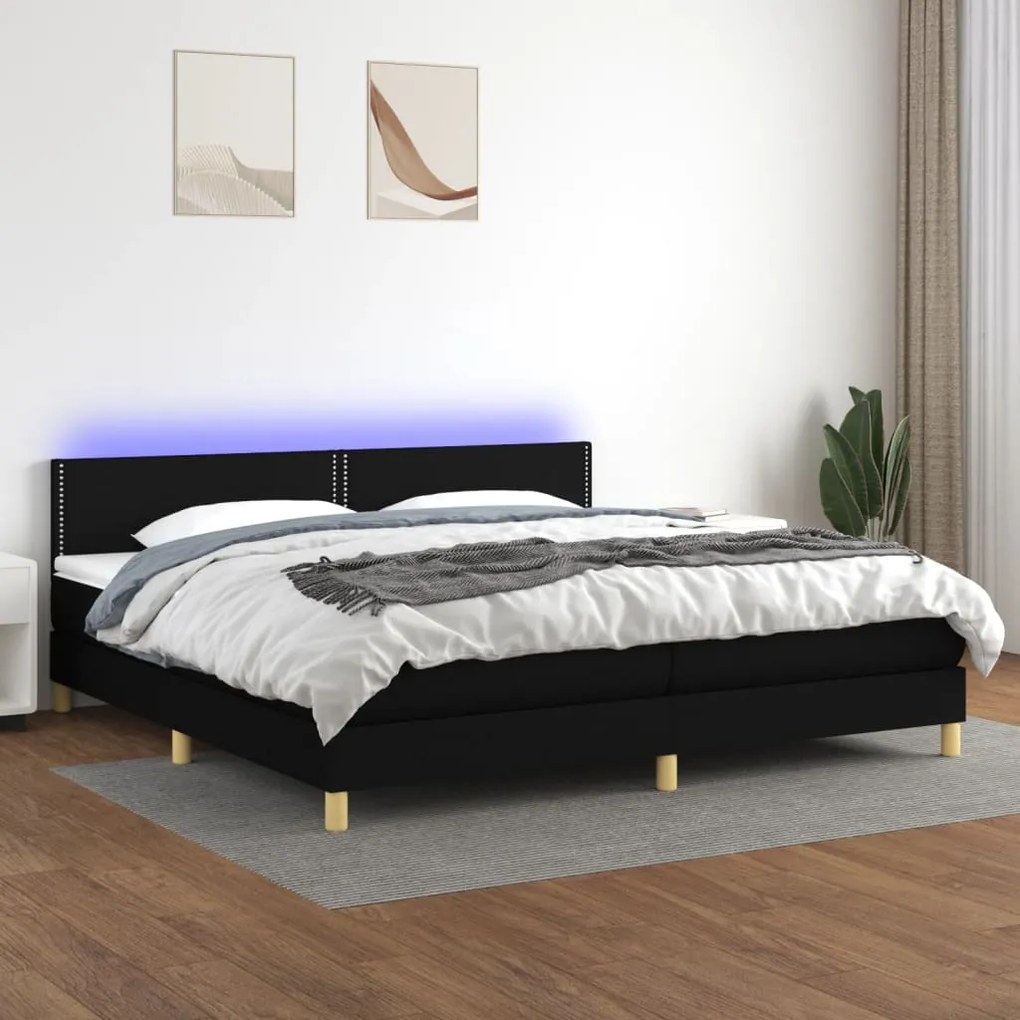 3133663 vidaXL Pat cu arcuri, saltea și LED, negru, 200x200 cm, textil