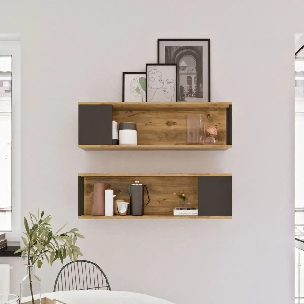 Set raft de perete Riva culoare stejar si antracit 100 cm