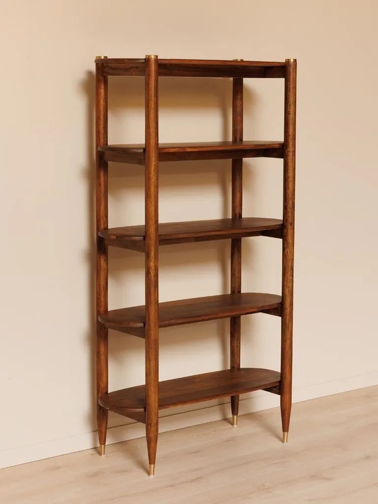 Etajeră din lemn de mango, maro, cu 5 rafturi ovale și detalii din alamă, aspect mid century, 168 x 94 x 40 cm, „Elanza”