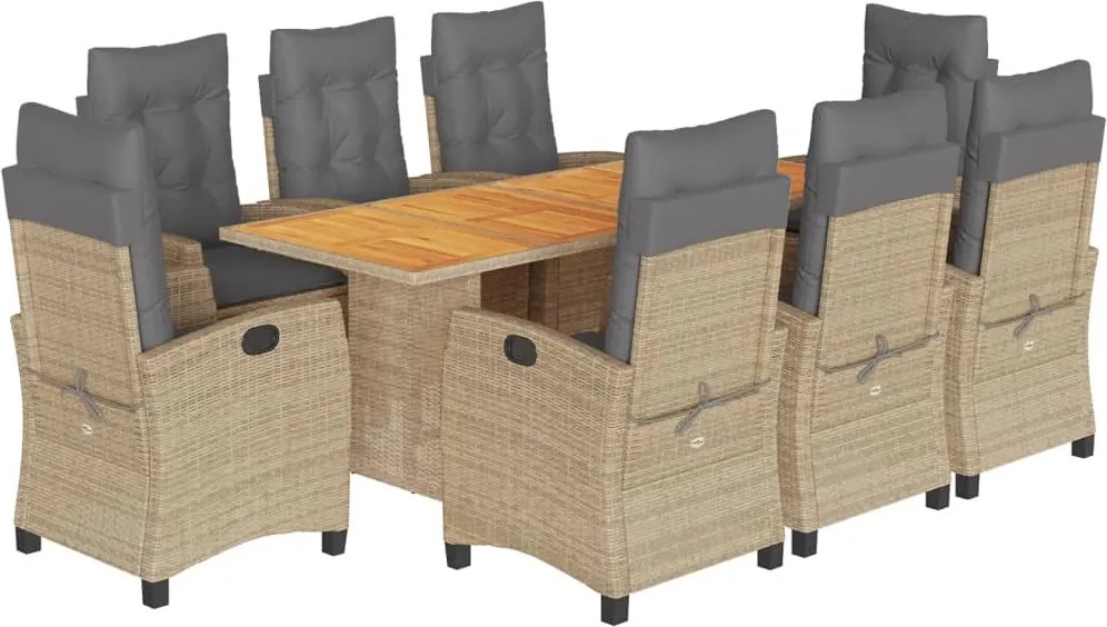 vidaXL Set de masă pentru grădină, 9 piese, cu perne, bej, poliratan