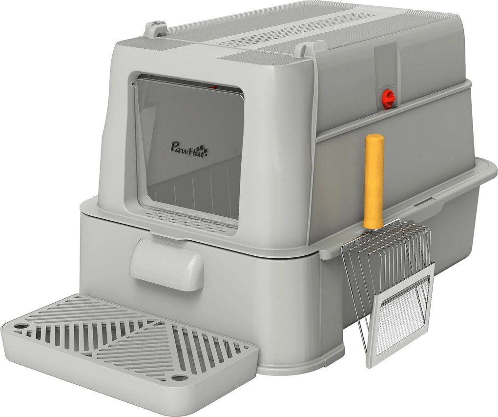 PawHut Litieră închisă pentru pisici de 80L cu tavă detașabilă, din ABS și oțel inoxidabil, 63x43x43 cm, gri deschis | Aosom Romania