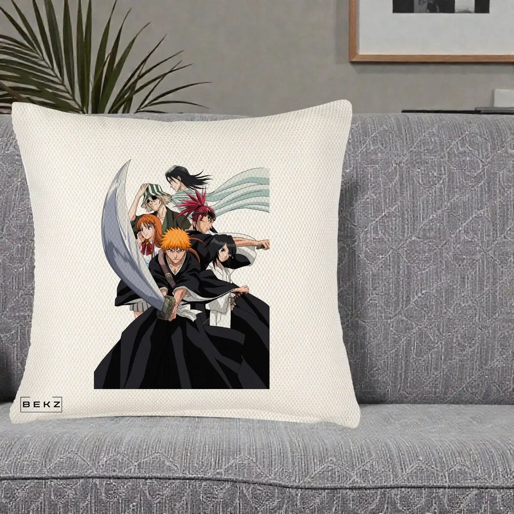 Perna Personalizata Bleach Grup Complet Ichigo si Prietenii, 40x40 cm, Crem Reliefat, Husa Detasabila, Perna Inclusa, BEKZ®