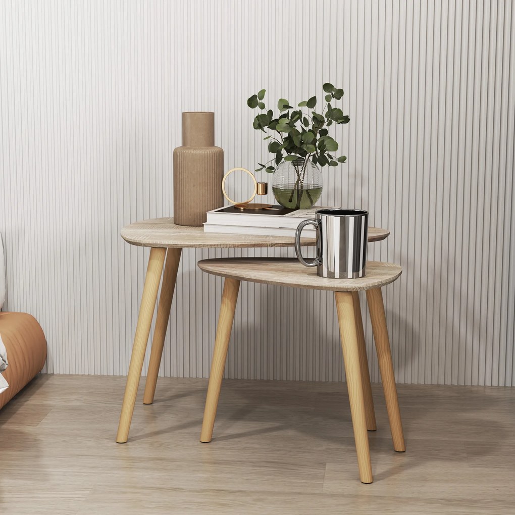 HOMCOM Set 2 măsuțe de living suprapozabile în stil nordic cu picioare din lemn, culoare lemn | Aosom Romania