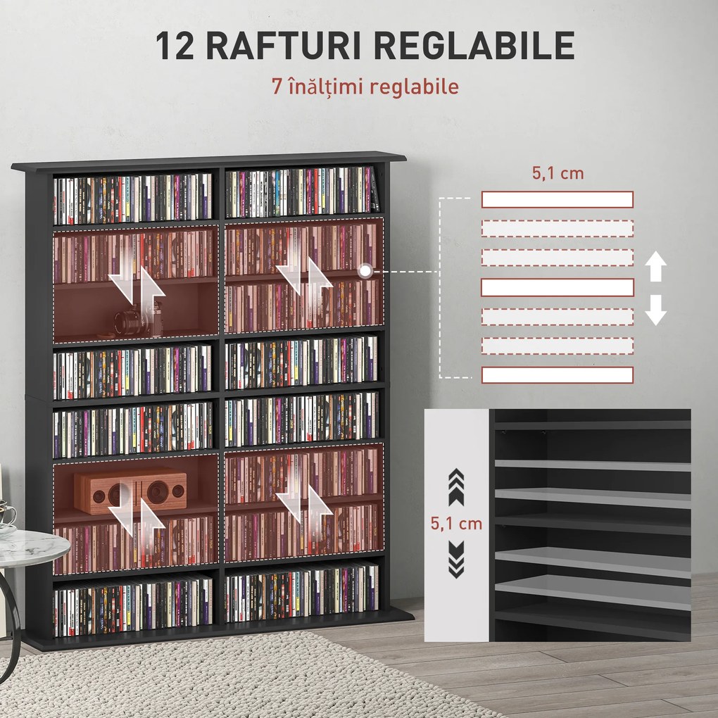HOMCOM Mobilier Bibliotecă cu 16 Rafturi pentru 720 CD-uri din Lemn 106.5x24x123.7 cm Negru | Aosom Romania