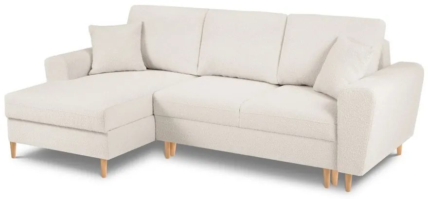 Colțar bej extensibil, cu spațiu de depozitare cu tapițerie din țesătură bouclé (cu colț pe partea stângă, cu șezlong) Kyoto – Cosmopolitan Design