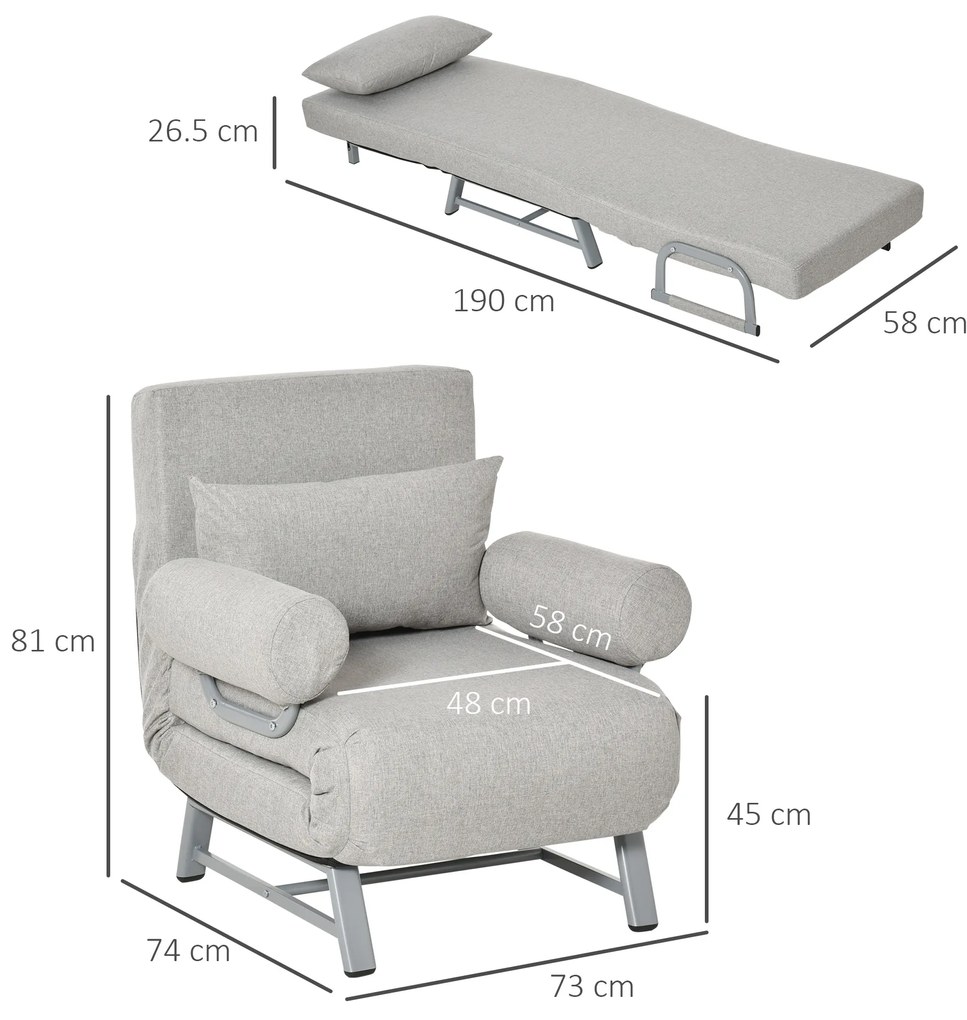 Fotoliu-pat single cu spatar rabatabil pe 5 niveluri si perna suplimentara, din Tesatura si Metal, 73x74x81cm, Gri HOMCOM | Aosom RO