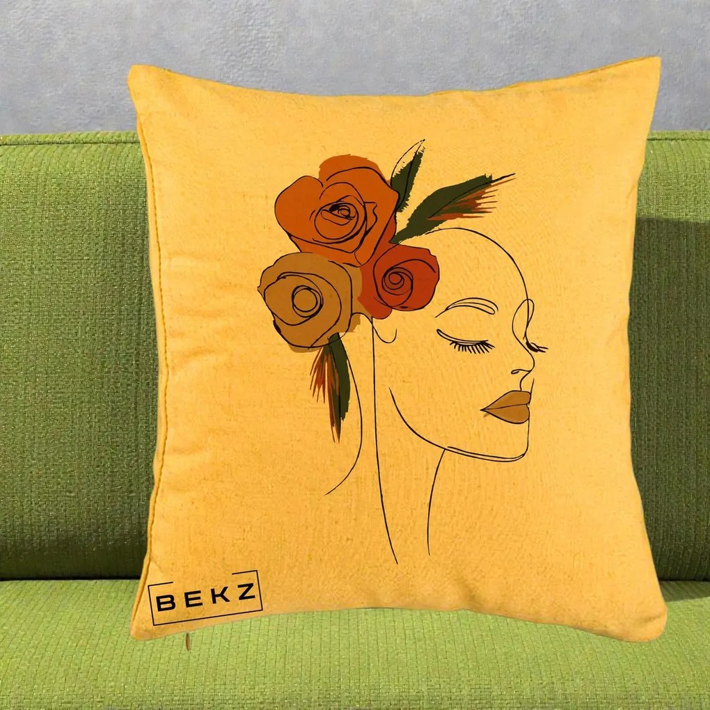 Perna Decorativa Portret Feminin Trandafiri Ruginii, 40x40 cm, Galben, Husa Detasabila, Perna Inclusa, BEKZ®