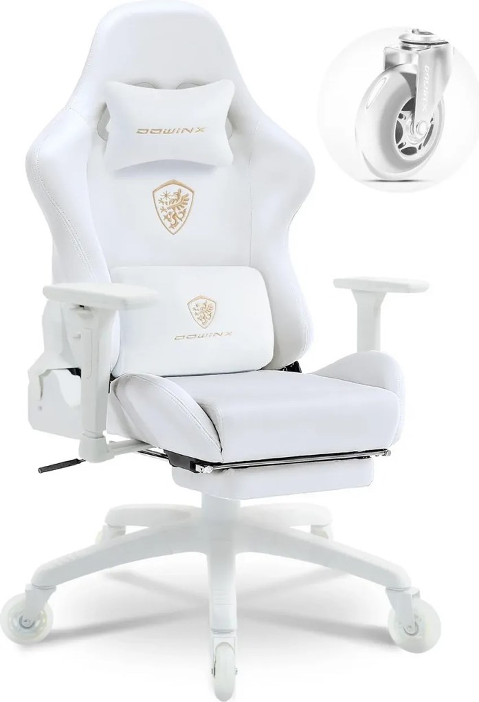 DOWINX 68A - Scaun Gaming Ergonomic, Extra-Lat și Construcție Heavy-Duty, Masaj in perna lombara, Material Textil respirabil, Suport picioare, Roti Silicon, Rezistent 150 kg, Alb