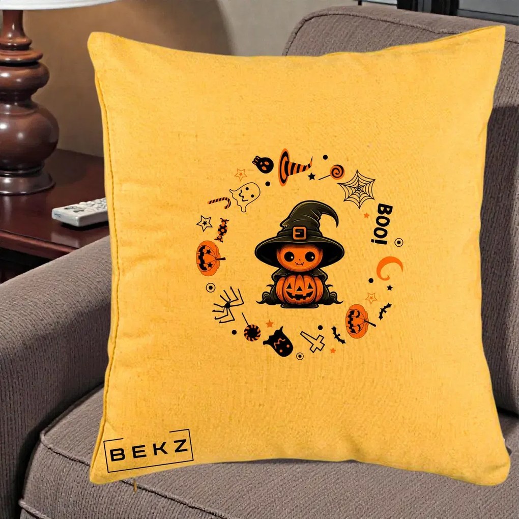 Perna Decorativa Halloween Dovleac Vrajitor Boo cu Simboluri, 40x40 cm, Galben, Husa Detasabila, Perna Inclusa, BEKZ®