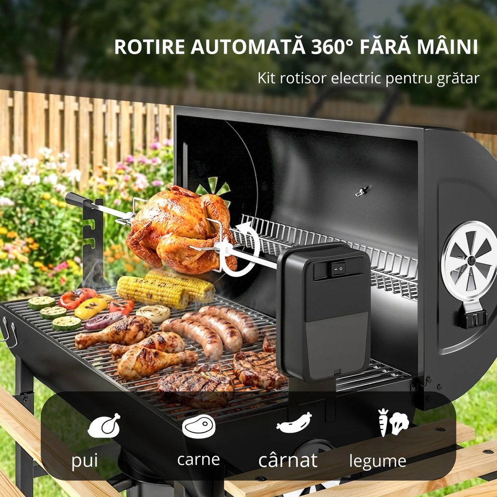 Outsunny Grătar pe cărbuni cu căruț de gătit, etajere pliabile, termometru, roți, rotisor electric, negru | Aosom Romania