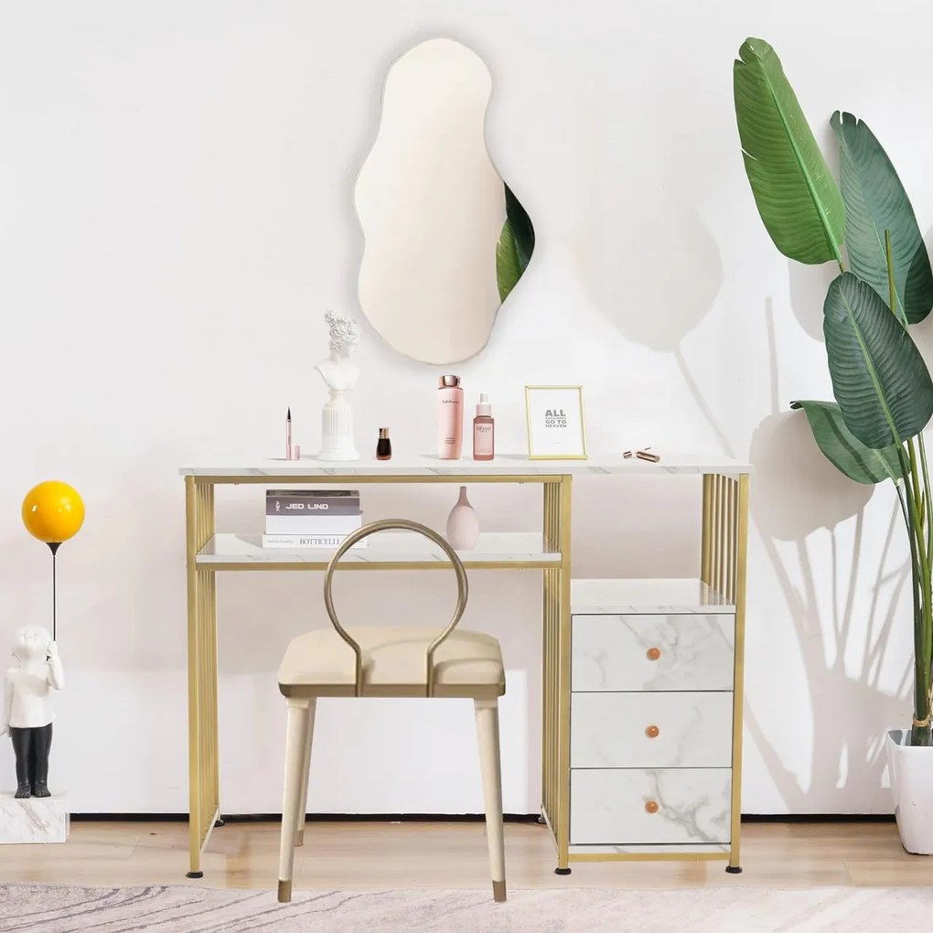 BIAU201 - Birou 109 cm, Masa Manichiura, masa de calculator cu 3 sertare, office, Imitatie de Marmura - Alb / Negru - Auriu