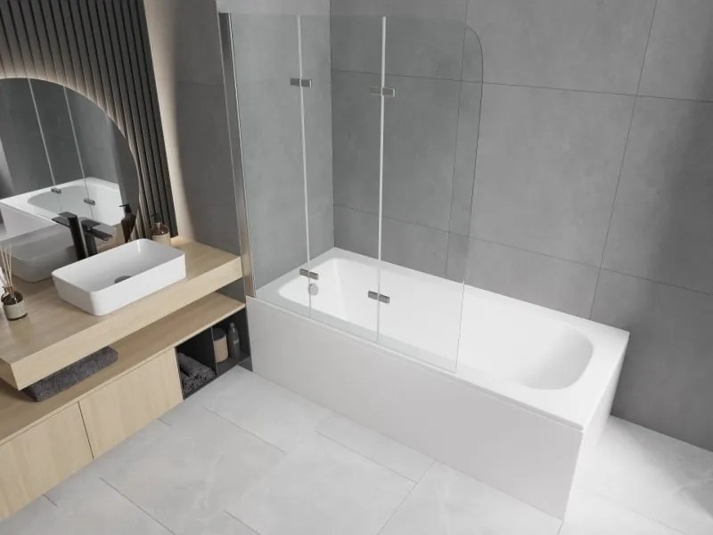 Mexen Vega cadă dreptunghiulară 160 x 70 cm cu carcasă și paravan în 3 secțiuni de 120 cm, transparentă, crom