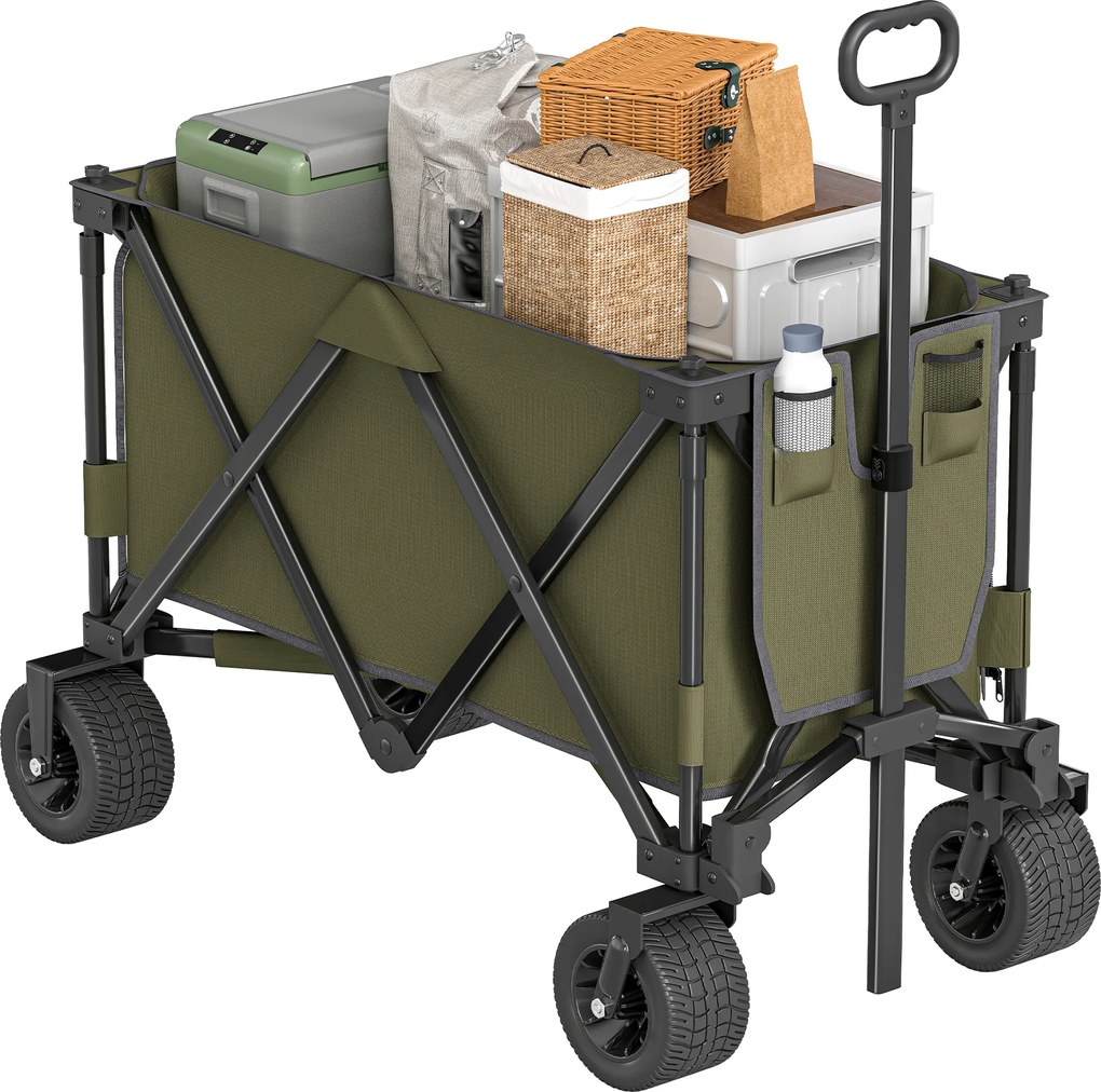 Cărucior Outsunny, pliabil, 7 buzunare laterale, mâner reglabil, capacitate de până la 120 kg, oțel, verde, 100 x 48 x 100,5 cm | Aosom Romania