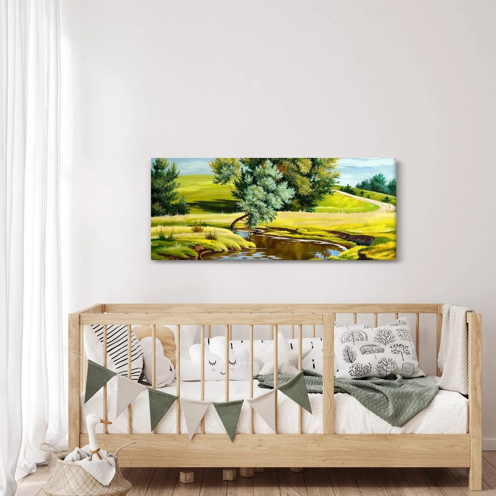 Tablou - Râu între câmpii, pictură în ulei (120x50 cm)