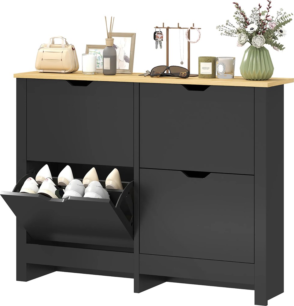 HOMCOM Dulap pentru pantofi 16 perechi, dulap cu 4 sertare rabatabile și polițe reglabile, negru și lemn natural | Aosom Romania