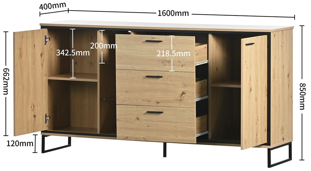 Comodă modernă din lemn cu trei sertare, Negru+Culoare naturală | Aosom Romania