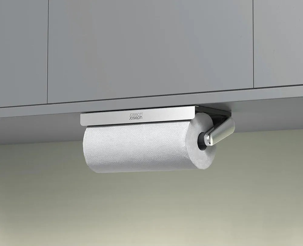 Suport vertical pentru prosoape de bucătărie din hârtie argintiu de montat pe perete din plastic RollGrip – Joseph Joseph