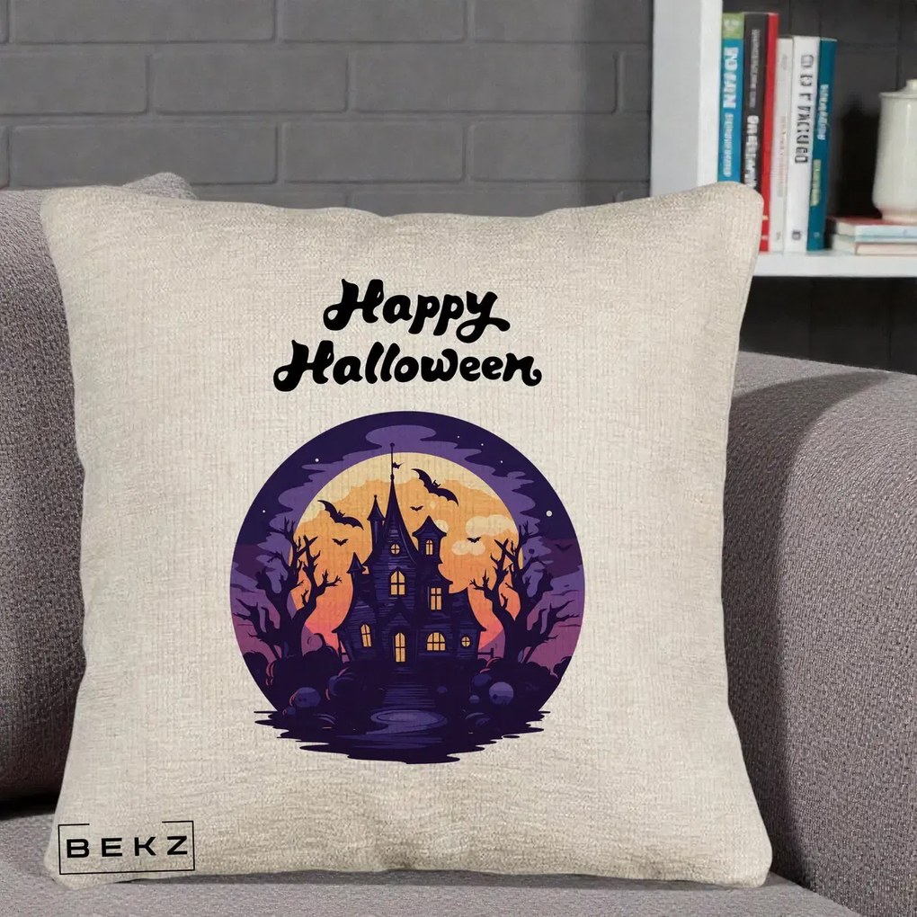 Perna Decorativa Happy Halloween Casa Bantuita Violet, 40x40 cm, Bej Canapea, Husa Detasabila, Perna Inclusa, BEKZ®