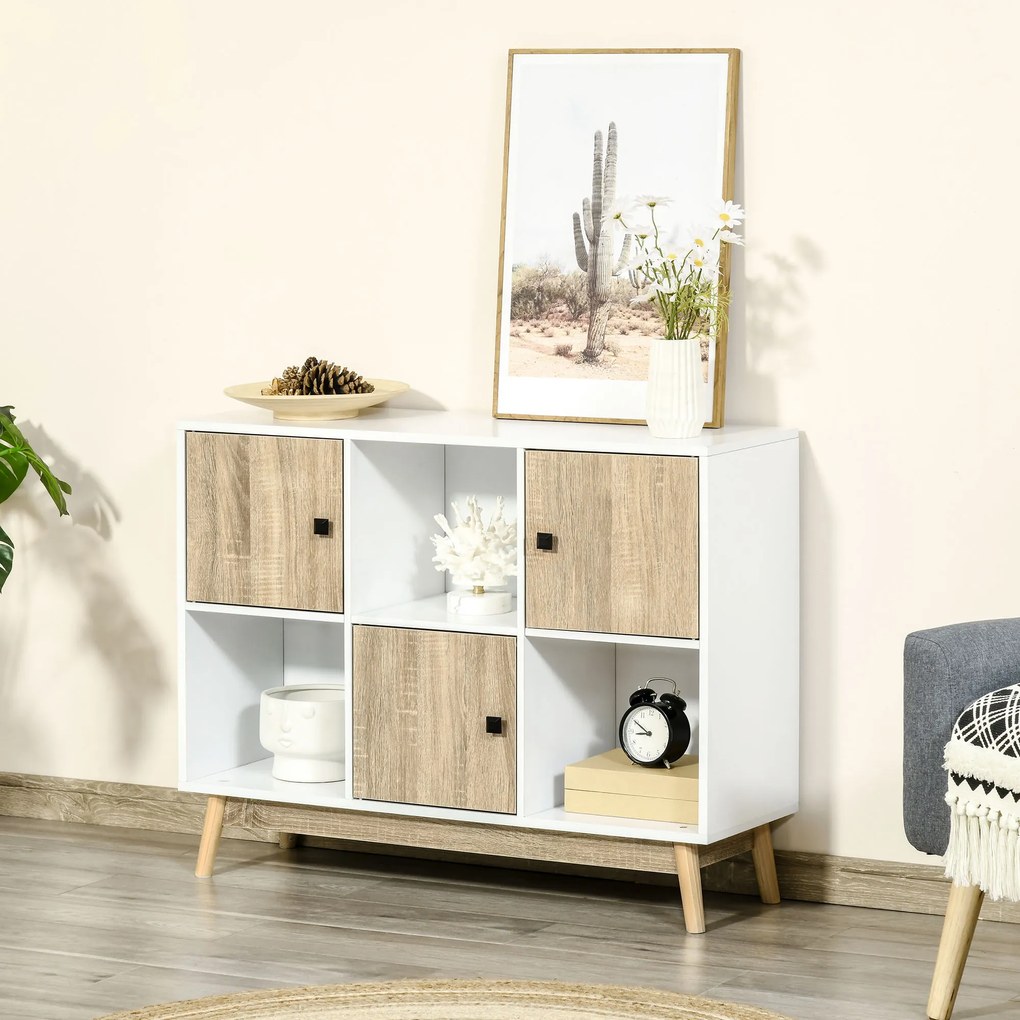 HOMCOM Bufet living, mobilier de depozitare 9 cuburi cu 3 uși și 3 compartimente deschise, picioare din lemn de pin, stil modern, bufet pentru sala de mese, bucătărie și living, 96 x 30 x 75 cm, alb, natural | Aosom Romania