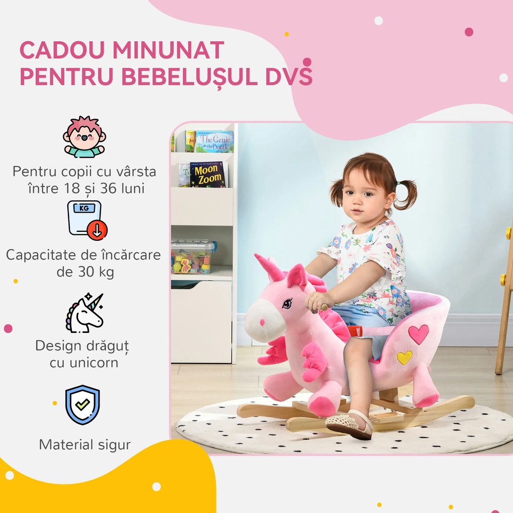 HOMCOM Calut Balansoar, Unicorn Balansoar din Pluș cu Bază din Lemn și Centură de Siguranță pentru Copii, 65x35x45 cm, Roz | Aosom Romania