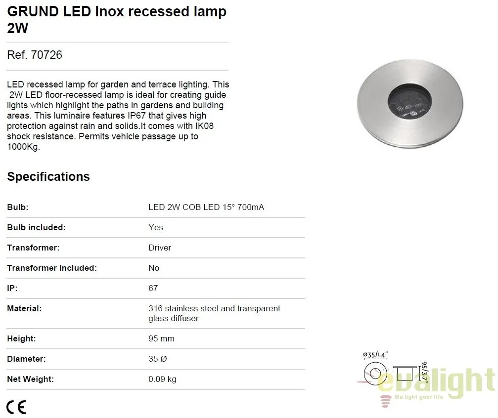 Spot LED incastrabil exterior pavaj GRUND 2W 70726
