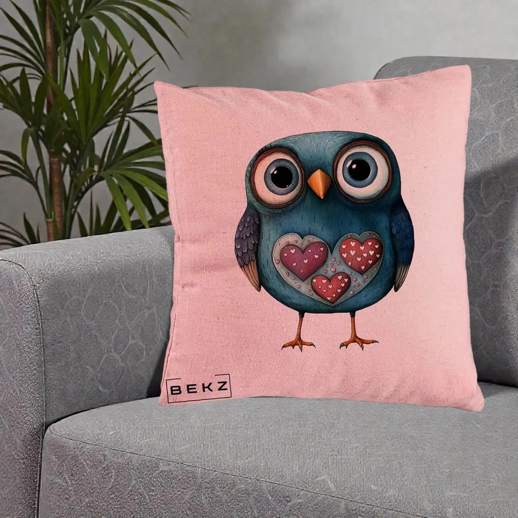 Perna Decorativa Bufnita Teal cu Doua Inimi, 40x40 cm, Roz, Husa Detasabila, Perna Inclusa, BEKZ®