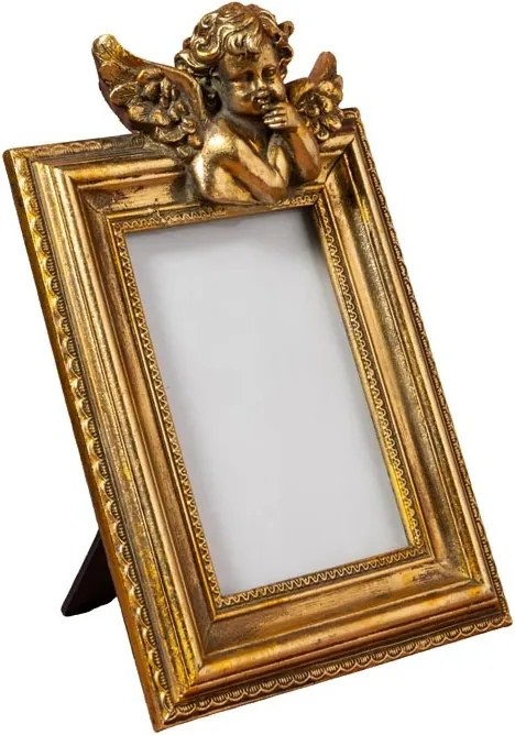 Ramă foto decorativa din rășină, auriu,motiv înger sculptat format 10 x 15 cm, finisaj antichizat, 25 x 16,5 x 6,5 cm, „Angelot”