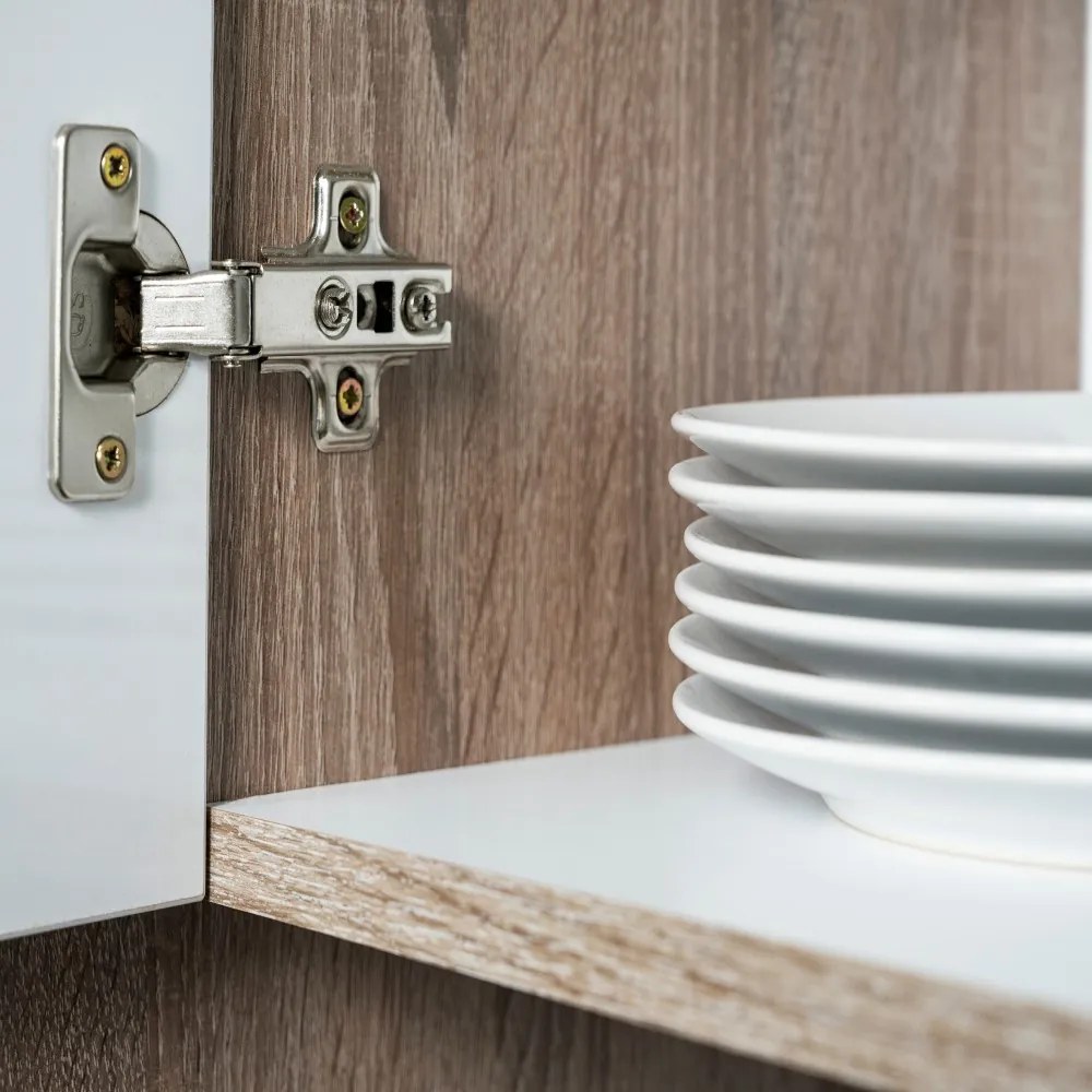 Mobilă de bucătărie de colț Yorki 220, corp din stejar Yorki, cu față alb satinat