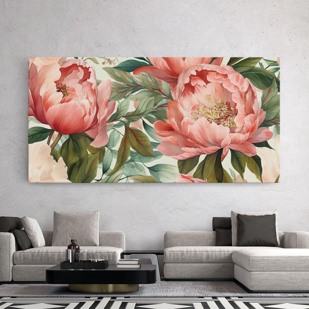 Tablou Canvas, 50x100cm, Dormitor si Living, Flori, Bujori, Light Red Peony