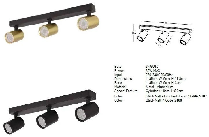 Plafoniera cu 3 spoturi GU10 LED Minimal negru/alama